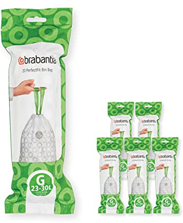 Brabantia Müllbeutel PerfectFit Multipack (Code G - 23L / 30L) Extra Starke Müllsäcke mit Zugband, 6 rollen (120 Müllbeutel)