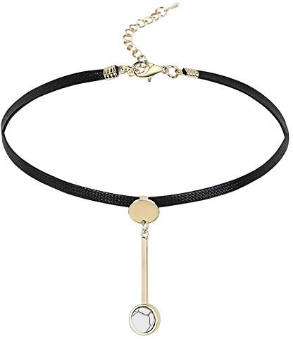 Gualiy Choker Kropfband Einstellbar Halskette Gliederkette Leder Doppel Rund Form Anhänger Gothic Halsband Gold Schwarz mit Zirkonia, 33+5.5 cm