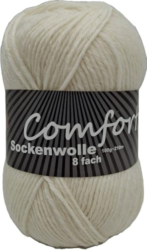 8-fädige Sockenwolle Strumpfwolle Uni – besonders warmes dickes Strumpfgarn - 100gr Knäul – 210 m Lauflänge - Nadelstärke 4,5-5,5 mm-Klassiche traditionelle Zeitlose Farben (rohweiss 891)
