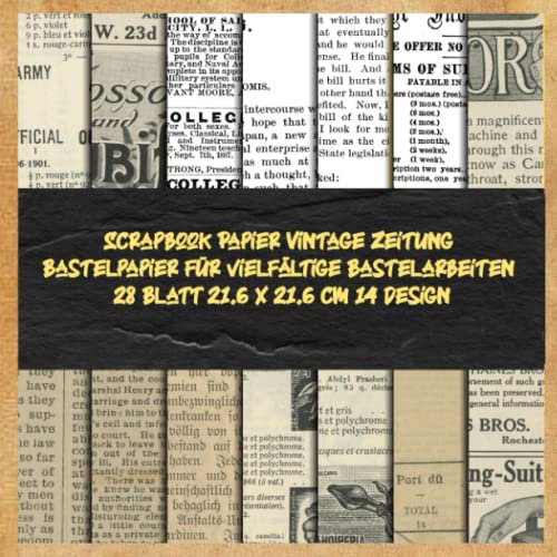 scrapbook Papier Vintage Zeitung Bastelpapier für vielfältige Bastelarbeiten 28 Blatt 21.6 x 21.6 cm 14 design