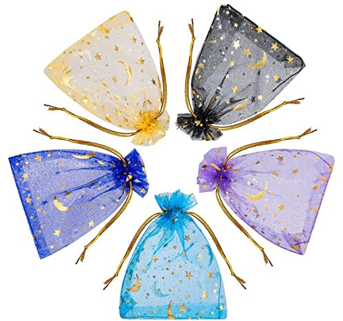 Fuyamp 100 pièces Sacs En Organza, 9 * 12cm Mélanger Couleur Organza Pochettes Sachet avec Motif étoile et lune Cadeaux Bijoux Quotidiens Ligne Or Ruban Sac de Bonbons pour Les Festivals de Mariage