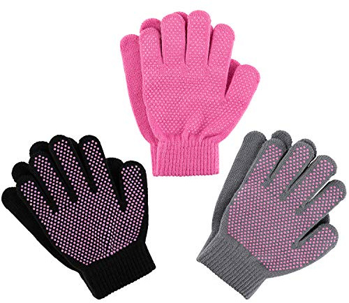Zelda Matilda Magic Knit Kids Stretch Gloves - Winter Gloves for Kids Extra Strong Grips Packs (Dots - Dark Pink, Gray & Black, 5-8 Years)