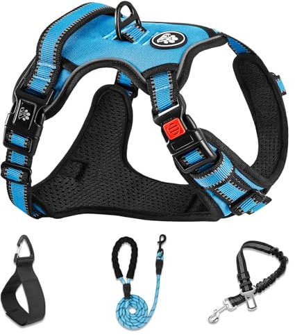 NESTROAD Hundegeschirr für große Hunde Größe L Blau | Set aus gepolstertem Anti-Zug-Brustgeschirr, Hundeleine und Autosicherheitsgurt, Halsumfang 38–48 cm, Brustumfang 48–74 cm