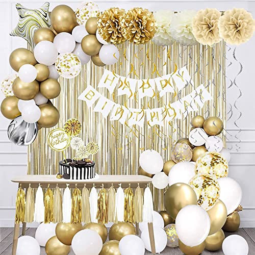 NiCoLa Gold and White Birthday Party Decorations Set, Happy Birthday Banner, Tissue Paper Poms, Latex Balloons, Glitter Garlands, Hanging Swirls