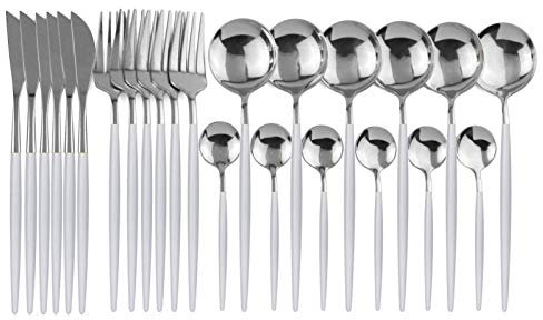 24 stücke Weißgold Geschirr Set Edelstahl Messer Gabel Löffel Besteck Set Küche Geschirr Set Flatware Set essgeschirr (Color : 24Pcs White Silver)