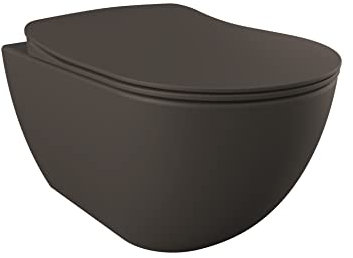 Furni24 Spülrandloses Wand-WC mit Toilettendeckel, Dusch-WC (Taharet), Hänge-WC, Duroplast WC-Sitz mit Absenkautomatik, Tiefspüler spülrandlos mit waagerechtem Abgang, Bautiefe ist 50cm,Anthrazit matt