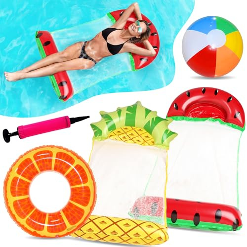 Chennyfun Water Hammock with Beach Ball and Orange Swimming Ring and Air Pump, 2 Pack Fruit and Pineapple Inflatable Pool Lounger Floating Chair Beds, Relaxing Water Toys for Adults Kids