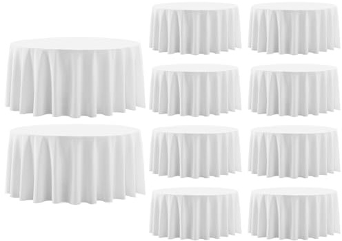 Aocoz Round Tablecloth 120 Inch 10 Pack White Tablecloths Washable Decorative Linen Polyester Table Clothes Cover for Dining Table Banquets Buffet Parties and Wedding