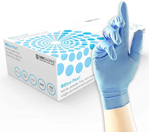 Unigloves Black Blue Pink Pearl Nitrile GP0034 GP0014 GP0054 Examination - Multipurpose, Powder Free and Latex Free Disposable Gloves, Box of 200 Gloves, Large (Blue)