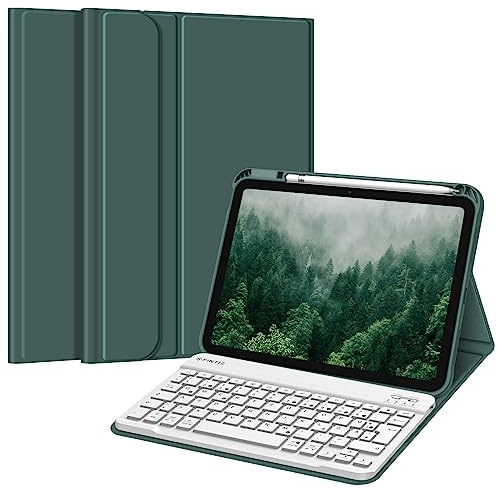 FINTIE Hülle mit Tastatur für iPad (A16) 11/10 Generation (11/10.9 Zoll) | Schutzhülle mit Stifthalter, Soft TPU Rückschale und magnetisch abnehmbarer Keyboard, QWERTZ Layout, Nachtgrün