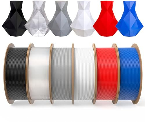 dikale PLA Pro 3D Drucker Filament 1.75mm 6er Pack, sauber gewickelte 1KG Spule von PLA+ Nachfüllungen, kompatibel mit den meisten FDM 3D Druckern, 6 Bündel, Schwarz, Weiß, Grau, Klar, Rot, Blau