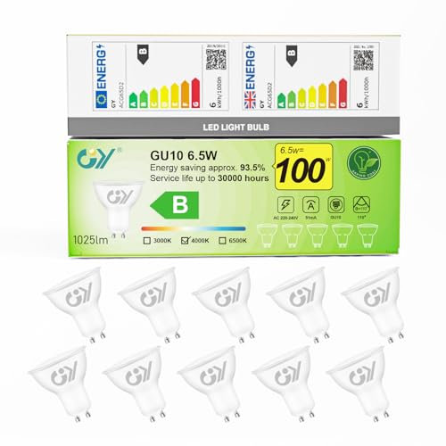 GY GU10 LED Neutralweiss Lampe 6.5W 4000K 1025 Lumen Neutralweiß Leuchtmittel,LED GU10 Energiesparlampe 100W lampe ersetzt,Nicht Dimmbar Birnen,10 stück [Energieeffizienzklasse B]