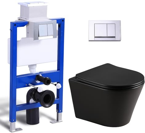 WC sospeso senza bordi, colore nero opaco con cassetta di risciacquo a incasso, WC e elemento a parete, set completo, piastra di pressione per WC, WC da parete con chiusura ammortizzata, coperchio