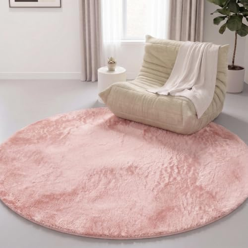 Interiyou Fargo - Teppich Wohnzimmer 120x120 cm Rund Rosa - Kurzflor Waschbar und rutschfest - Flauschiger Fellteppich aus Kunstfell - weicher Langflor Fell