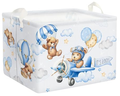 Clastyle Grande Cestino Portaoggetti Orso Pilota Palloncini Blu con Maniglia Ceste per la Biancheria Pieghevole Rettangolare Vestiti Giocattolo per Camera dei Bambini Bagno