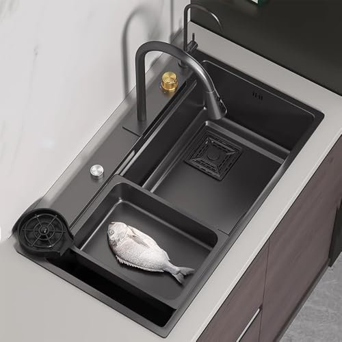 ZYBOWAYL Raindance Wasserfall Spülbecken 72cm Küchenspüle Einschalen Aufsatzspüle 80cm Groß Waschtrog Einbau-Waschbecken 60cm Bar Unterbauspüle 304 Edelstahlspüle mit Komplettes Zubehör-Set(60x45cm)