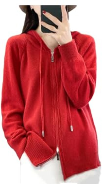Chandail en cachemire pour femmes avec capuche et fermeture à glissière en cachemire Chandail décontracté pour femmes, Rouge, M