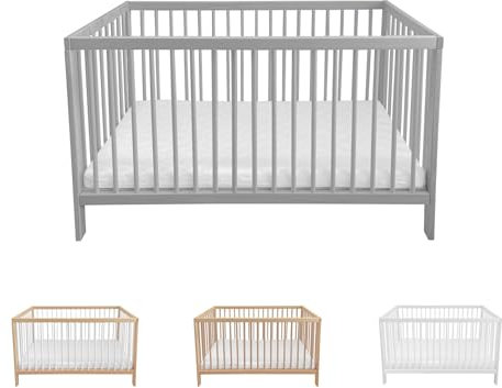 Lantigo Babybett 120x60 cm Grau Gitterbett Buchenholz Massivholz Kinderbett mit Lattenrost höhenverstellbar 9 Stufen für Neugeborene und Kleinkinder inklusive Matratze