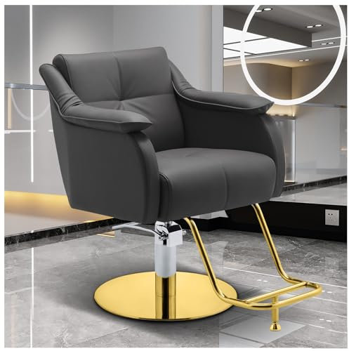 WKXTECZT Friseurstuhl, Friseursessel Höhenverstellbar Für Herren Damen, Friseureinrichtung Bedienungsstuhl Vintage Retro, Kunstleder,Grau,B