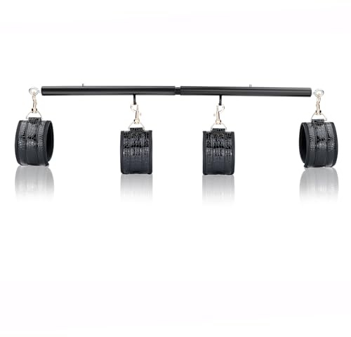 Black Adjustable Exercise Stainless Steel Spreader Bar with 4pcs PU Crocodile Black Adjustable Straps, Yoga Training Fitness Gear, Workout Bar,Sports Gym Kit
