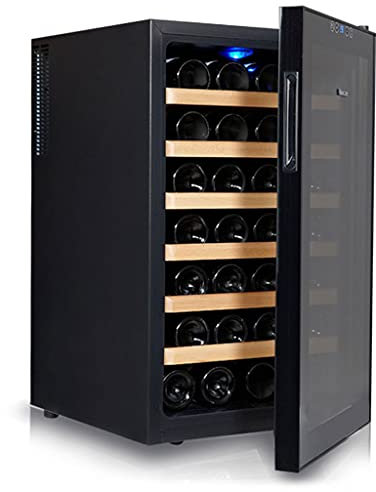 Enfriador de vino de 20 pulgadas, refrigerador de vino para 28 botellas con puerta de vidrio templado de acero inoxidable, función de memoria de temperatura, rango de control de temperatura: 12-18 ℃,