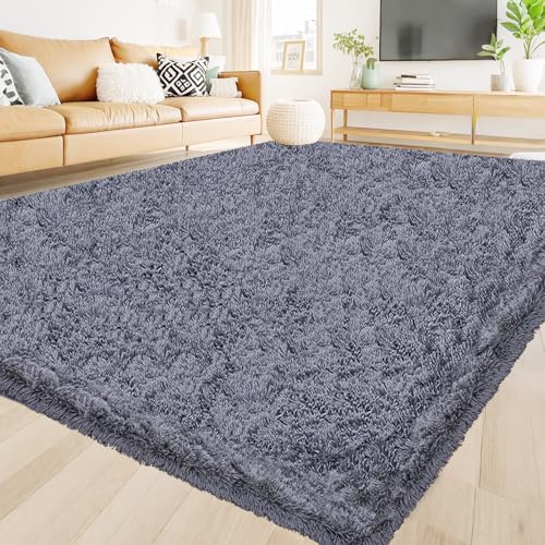 Hochflor Teppich Wohnzimmer 140x200cm, Grau Fuzzy Shaggy Flauschiger Teppich für Schlafzimmer Teppichen, Modern Plüsch Wohnzimmerteppich Bettvorleger High-Pile Carpet rutschfest für Kinderzimmer