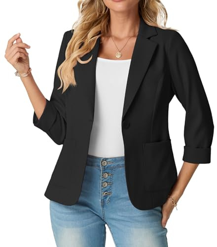 GRECERELLE Blazers for Women UK Elegant 3/4 Sleeve Notch Lapels Collar Jackets Business Work Office Cardigans Jacket Suiting & Blazers with Pockets Button for Ladies (Black, 12)