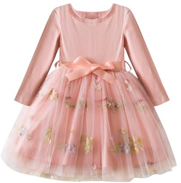 JiAmy Abiti arcobaleno per ragazze a maniche lunghe, abiti in maglia a costine arcobaleno in tulle per bambini, abito con gonna e cintura per ragazze di 1-6 anni, 3-4 Anni