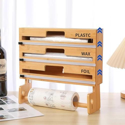 Wrap Dispenser with Cutter for Paper Towel, Plastic Wrap, Aluminum Foil, Wax Paper - Bamboo Wall-Mount Kitchen Organizer, Compatible with 12 Roll