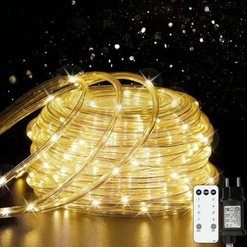 Kimuwote LED Lichterschlauch 20M 200LED Lichterkette Außen Stecker mit Fernbedienung und Time 8 Modi Warmweiß Dimmbar LED Schlauch Lichtschlauch für Garden,Party,Weihnachten Deko