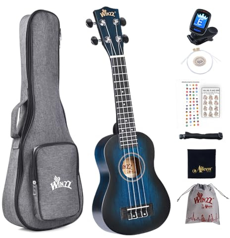 Winzz Ukulele Sopran Anfänger Set Kinderm Erwachsene, Einzigartiges Farbdesign, mit Tasche, Stimmgerät, Zusätzlichen Saiten, Gurt, Noten-Aufkleber (Vintage-Blau, 21 Zoll)
