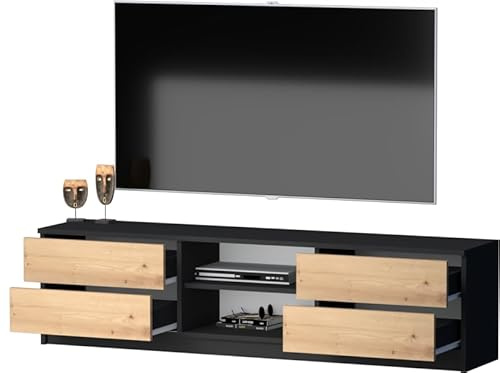 GERMAN TV-Schrank 138 cm – Lowboard mit 4 Schubladen & offener Ablage, Fernsehtisch im modernen Design, TV-Möbel Schwarz Matt/Eiche Craft, Wohnzimmer Kommode mit Stauraum