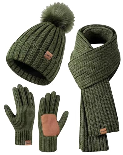 BeerMmay Winter-Set für Damen mit Mütze, Schal und Handschuhen, 3-in-1-Set für kaltes Wetter mit Bommelmütze, Touchscreen-Handschuhen, warmerem Schal, dunkelgrün, One size