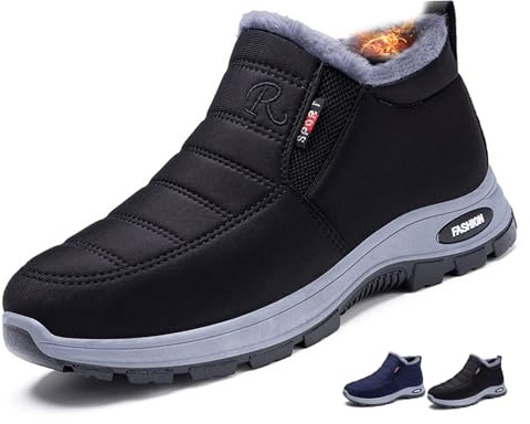 ZPLMIDE Bottes d'hiver chaudes doublées en peau de mouton pour homme - Bottes de neige courtes doublées de fourrure - Bottines larges à enfiler - Chaussures de marche et de neige, Noir , 40 2/3 EU