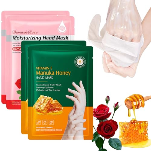 Hand Mask Pack, Moisturising Gloves, Rose And Honey Formulas, 4-Pack | Individually Packaged, Wearable Design Keeps Hand Care In Place, For Home Skincare After Washing, Cleaning Or In Cold Weather