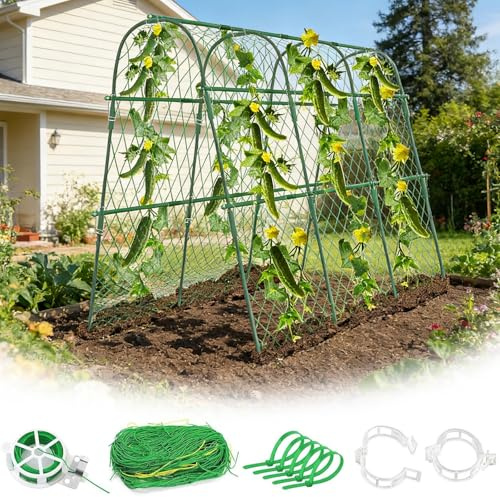 U-förmiger Gartengurkenständer, Rankgitter für Tomaten Gurken, mit Kunststoffbeschichtung, Kletterpflanzenstütze mit Netz, Klemmen & Bändern, Garten Gurkengitter Metall für Gemüse, Obst & Blumen