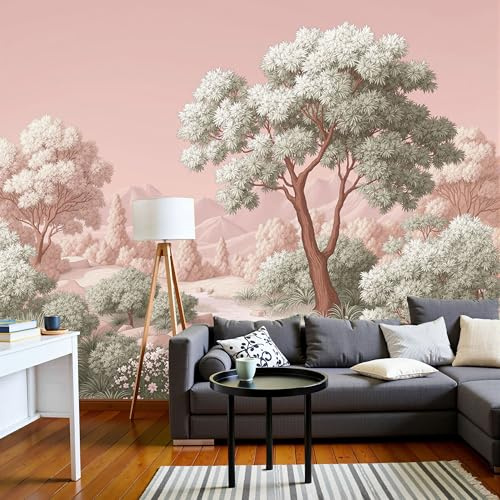 Papier Peint Panoramique Chemin Forestier Onirique, Papier Peint Illustration De Paysage Poudre De Blush 450X315Cm, Tableaux Poster Photo Décoration Murale, Fond Tv Décoration Murale Salon Chambre