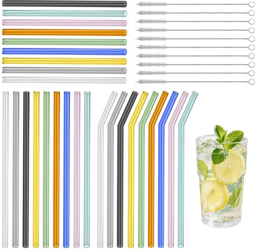 Hevysuo 37 cannucce in vetro colorate riutilizzabili, 9 cannucce dritte e 9 curve in vetro da 20 cm, 9 cannucce corte in vetro multicolore da 16 cm con 10 spazzole per la pulizia, per cocktail, succhi