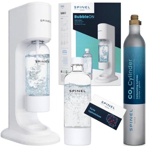 Spinel BubbleOn, soda BubbleOn, gasatore per acqua frizzante, starter kit con cartuccia di CO2, flacone da 1 l, senza BPA, colore bianco, regolabile fino a 60 l