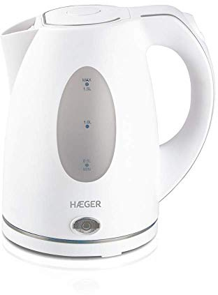 HAEGER LONDON - Hervidor electrico 1,5Litros, 2200W, base giratoria de 360º, resistencia oculta en INOX, protección contra ebullición en seco, apagado automático
