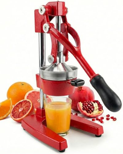 Eurolux Citrusjuicer i gjutjärn | Extra stor manuell handpress i kommersiell kvalitet | slitstark bänkskivpress för färsk apelsinjuice (bonus rostfritt stål kopp) (röd)