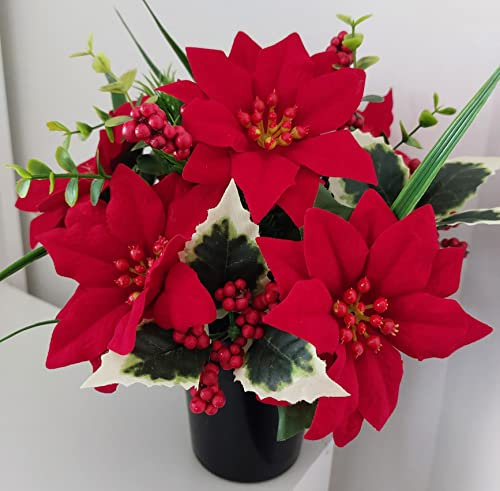 Christmas Grave Flowers – Red Poinsettia, Holly & Pine in Grave Pot – Cemetery Vase Decoration with Polystyrene Berries – Beautiful Artificial Memorial Floral Tribute – New Improved Design