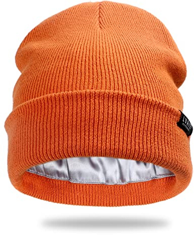 Satin fodrad vintermössa hattar för kvinnor unisex bomull stickad stickad stickad mössa med silkeslent foder slouchy skalle mössa, Orange/kvällsröd i sicksackmönster (solnedgång Chevron), one size