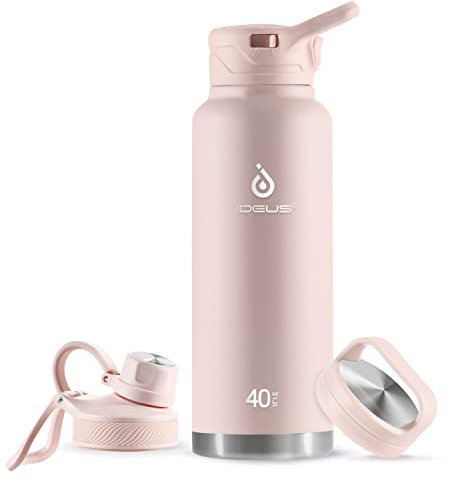 IDEUS Vakuumisolierte Wasserflasche, 40oz (1140 ml) Edelstahl Doppelwand Flasche Metall Sport Kantine mit auslaufsicherem Schraubverschluss (Hellrosa)
