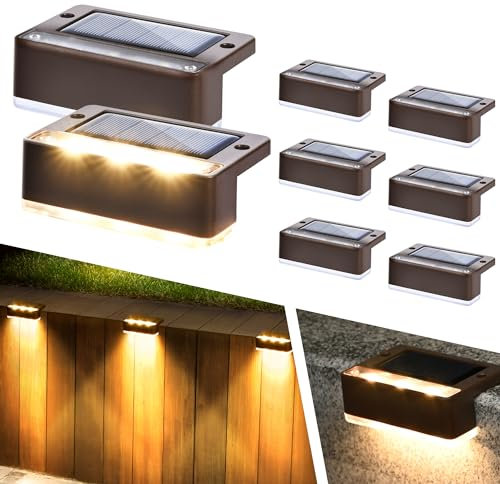 Solpex Solar Lights for Outdoor, 8 Pack Solar Stair Lights, Waterproof Solar Fence Lights for Outdoor Stairs, Steps, Fence, Garden, Yard, Patio, Gutter, Pathway, Decoration (Warm White,Brown)