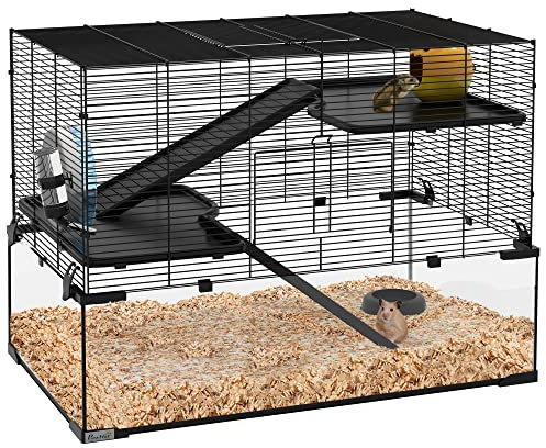 PawHut 3 Tiers Hamster Cage w/Deep Glass Bottom, Dish, Hut, 78.5 x 48.5 x 57cm