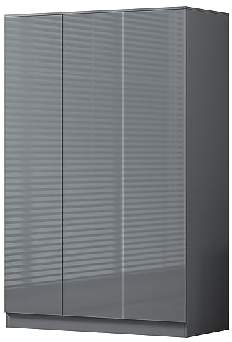 FWStyle Gloss Dark Grey 3 Door Wardrobe with Soft Close Hinges, Scandinavian Modern Bedroom Storage Furniture with Hanging Rail and Shelving, Scratch Resistant Finish, W120 x H180 x D50cm