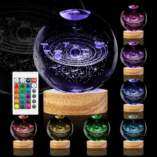 3D-Sonnensystem-Kristallkugel-Nachtlicht, 8 cm, Galaxie-Planeten-Glaskugel-Lampe mit 16 Farbwechsel-Holzsockel und Fernbedienung, Astronomie, Weltraum, Geschenke für Kinder, Freunde, Geburtstag,