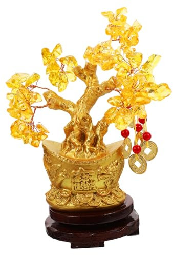 Cabilock Citrin Macrocarpa Tischdekoration Chinesischer Geldbaum Feng Shui Reichtum Baumschmuck Goldener Schatzbaum Bonsai Geldbaum Ornament Glücksbaum Bonsai Baum Kupfer