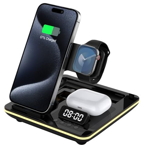 Aimtel 5 in 1 Foldable Charging Station compatible with Apple Watch Ultra 2/10/9/8,iPhone 16/16 Pro Max/16 Pro/16 Plus/15/14,Air-Pods Pro 4/3/2 with Alarm Clock and Nightlight Apple Wireless Charger